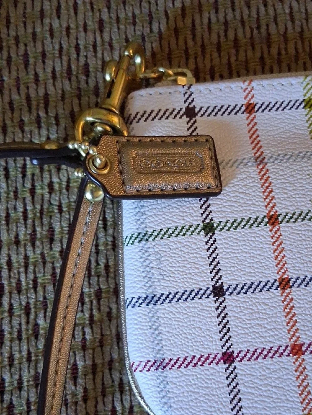 Coach White Plaid Wristlet Phone Case with Multicolor Stripes